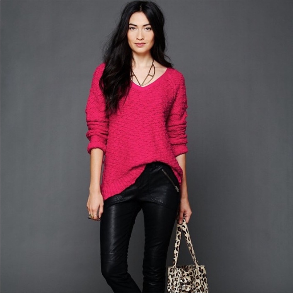 Free People Red Shaggy Knit Pullover